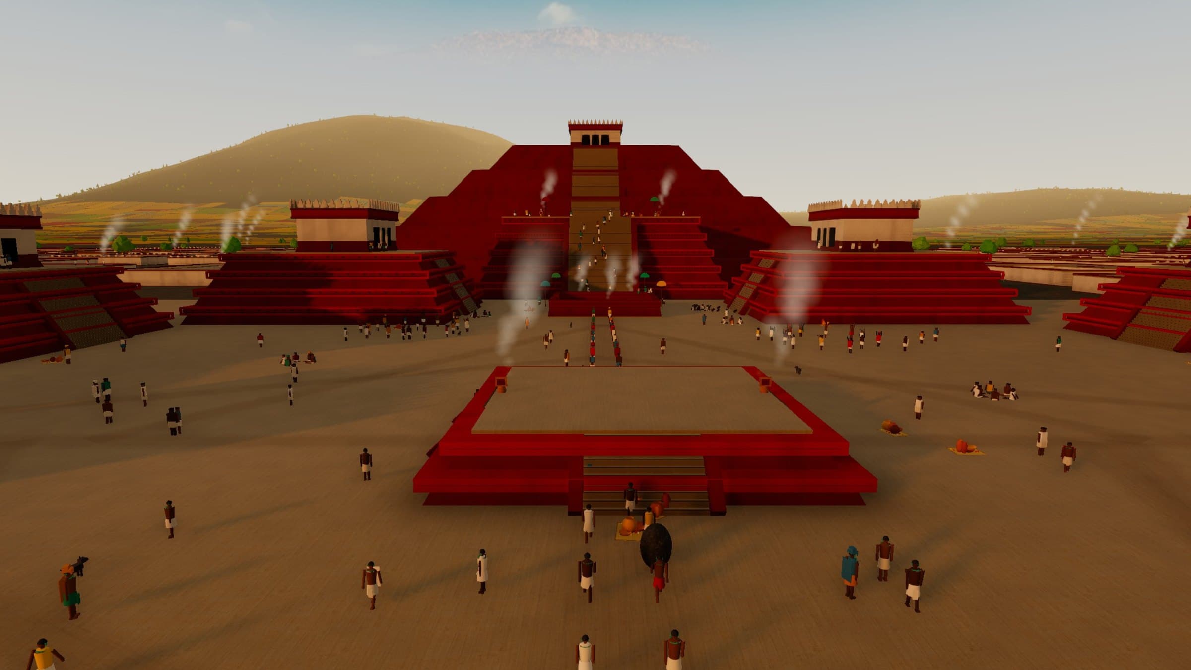 The Pyramid of the Moon head-on above the plaza, its central altar and the festival crowd, at golden hour
