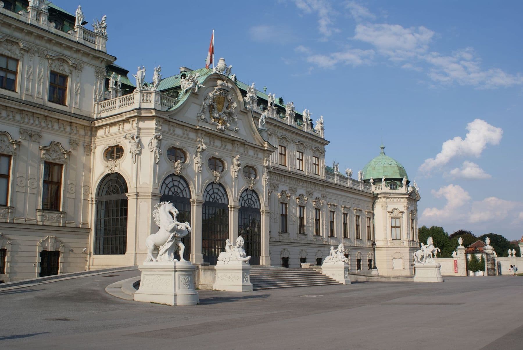 Upper Belvedere: a corner pavilion of the Upper Belvedere with its domed roof and a rearing horse in stone