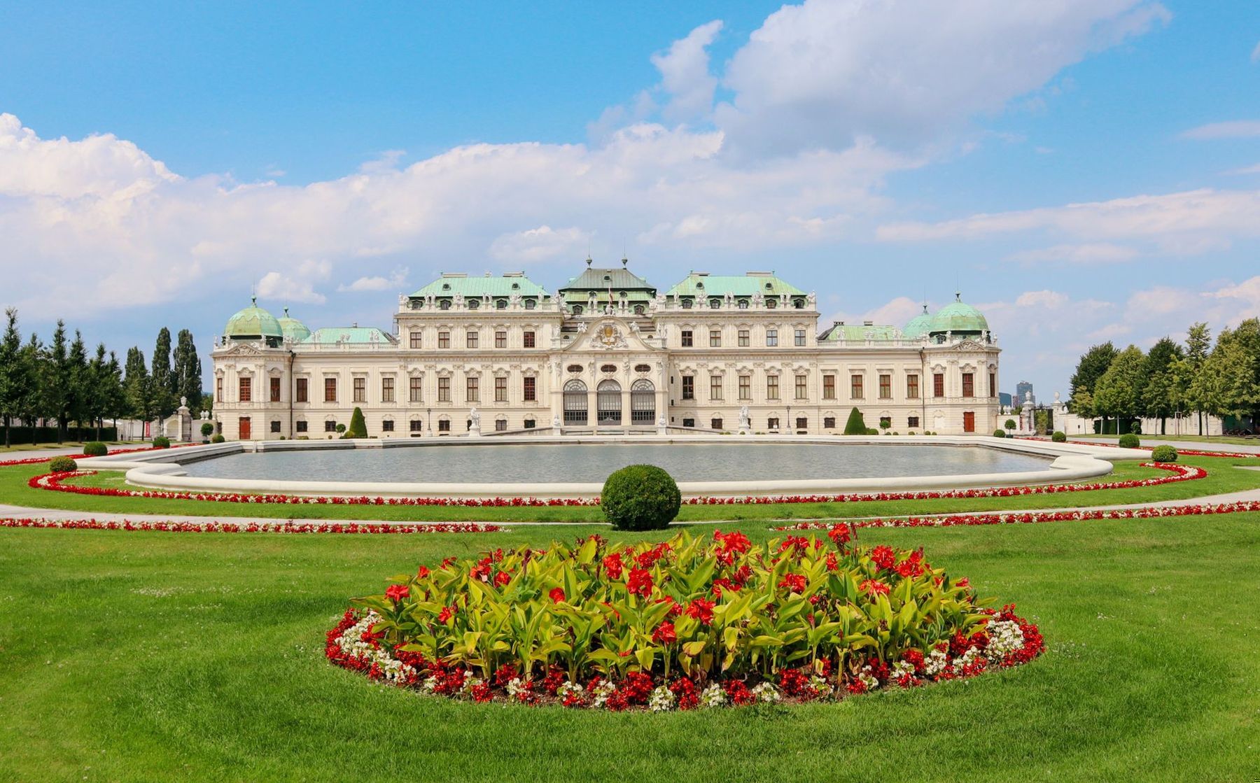 Upper Belvedere: the south front of the Upper Belvedere across the pond and the flower beds