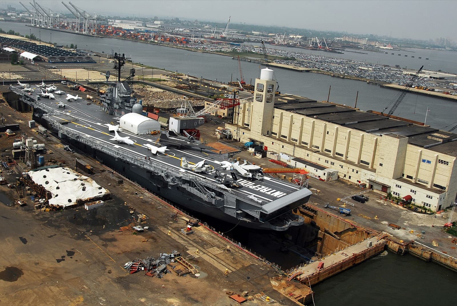 Intrepid Museum: the whole carrier from the air in dry dock at Bayonne during her 2007 overhaul