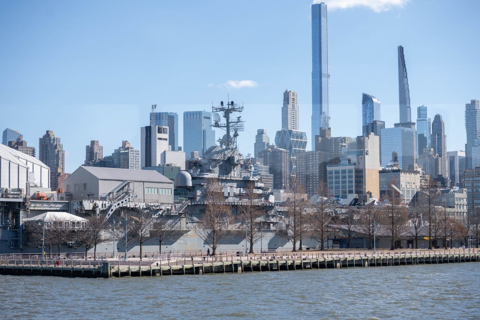 Intrepid Museum: the island and the flight deck below the Midtown skyline, from the river