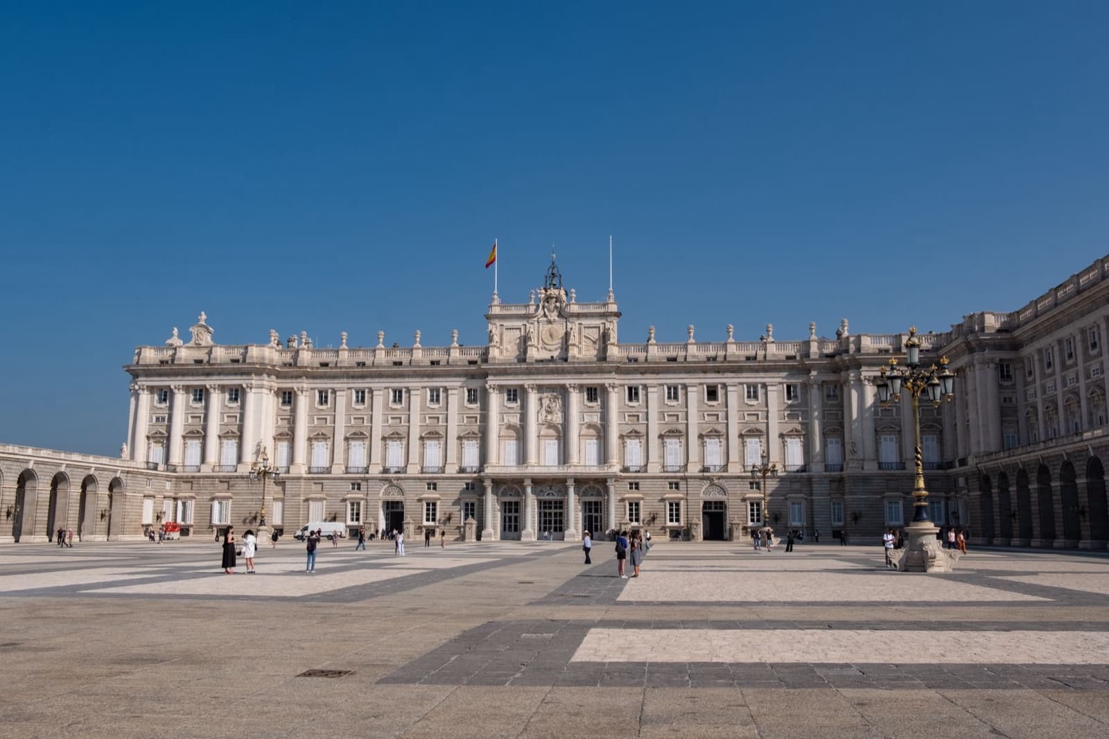 Royal Palace of Madrid: the south front and the plaza at an angle