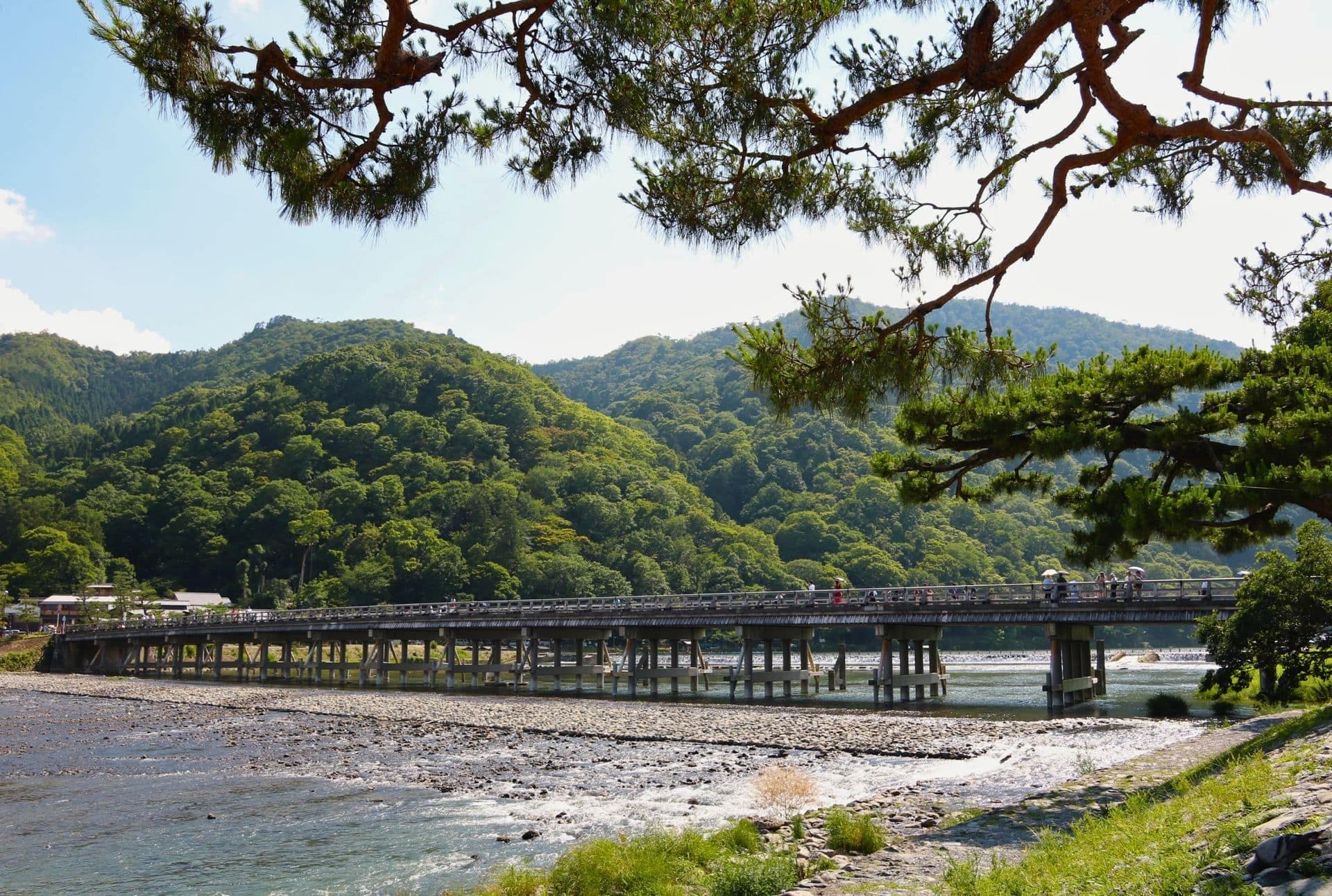 Togetsukyo Bridge: Cypress Rails on Concrete