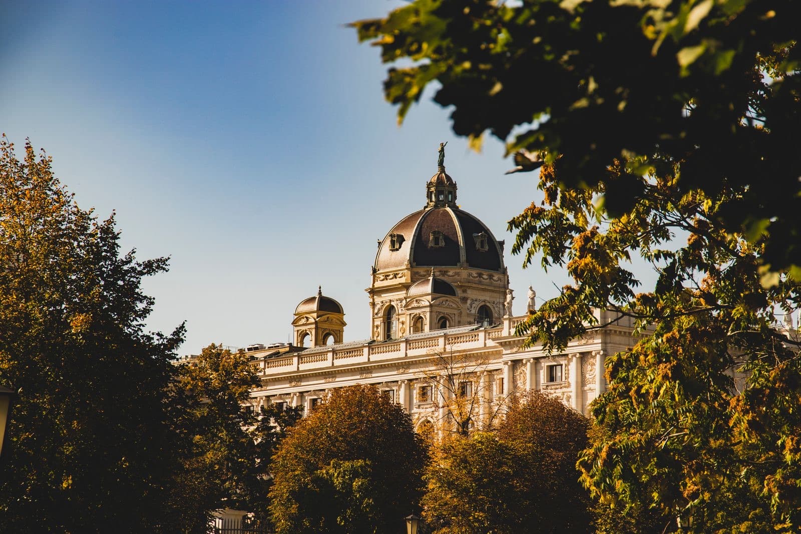 Kunsthistorisches Museum Wien: the dome and roofline through autumn trees