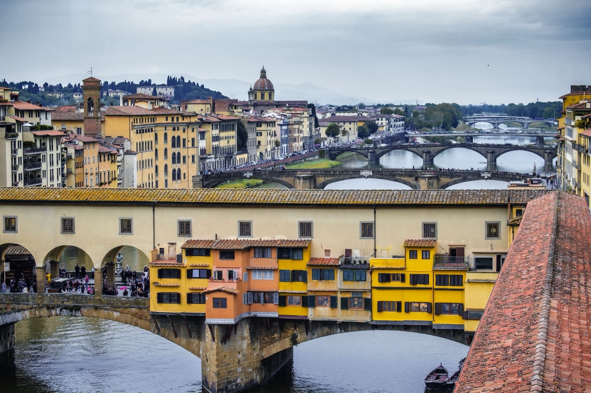 Uffizi Gallery: the Ponte Vecchio and the Vasari Corridor along its top, from the Uffizi's west corridor window