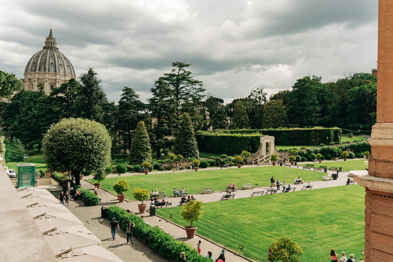 Vatican Museums: the Square Garden below the Pinacoteca, with St Peter's dome beyond